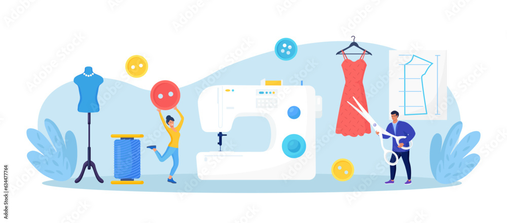 Manual sew machine. Dressmaking, sewing workshop or courses. Fashion designer are tailoring clothes. Sewing tools, needle, scissors, threads. Dressmakers create outfit and apparel on sewing machine