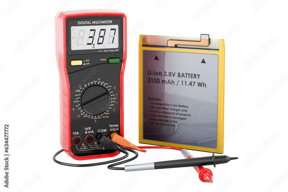 Digital multimeter and Lithium Ion Cell Phone Battery, 3D rendering ...