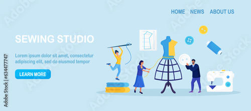 Dressmaking, sewing workshop or courses. Fashion designer are tailoring clothes. Sewing tools, needle, threads, mannequin. Dressmakers create outfit and apparel on sewing machine. Needlework