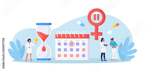 Menopause and gynecology concept. Women climacteric. Woman consulting with doctor about female health. Patient treating with hormone replacement therapy. Biological clock  calendar  gender symbol