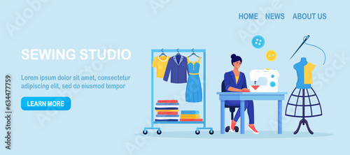Dressmaking, sewing workshop or courses. Fashion designer are tailoring clothes. Sewing tools, needle, threads, mannequin. Dressmaker create outfit and apparel on sewing machine. Needlework