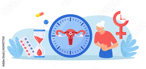 Menopause and gynecology concept. Women climacteric. Woman suffering from menstrual pain. Patient treating with hormone replacement therapy. Biological clock with female organ, hourglass