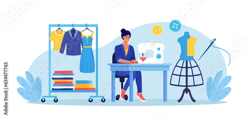 Dressmaking, sewing workshop or courses. Fashion designer are tailoring clothes. Sewing tools, needle, threads, mannequin. Dressmaker create outfit and apparel on sewing machine. Needlework