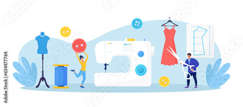 Manual sew machine. Dressmaking, sewing workshop or courses. Fashion designer are tailoring clothes. Sewing tools, needle, scissors, threads. Dressmakers create outfit and apparel on sewing machine