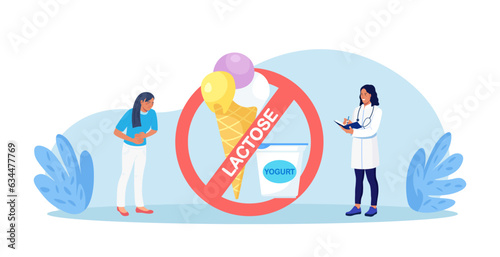 Lactose Intolerance, Allergy on Dairy Products. Diet with Prohibited Milk and Ice Cream, Yogurt. Young Sick Woman Suffering with Stomach Ache, Diarrhea, Abdominal Pain, Bloating, Nausea