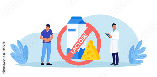 Lactose Intolerance, Allergy on Dairy Products. Diet with Prohibited Milk and Cheese. Young Sick Man Suffering with Stomach Ache, Diarrhea, Abdominal Pain, Bloating, Nausea.