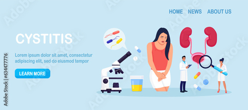 Woman holding her hands in the lower abdomen. Person with bladder disease. Cystitis, incontinence or urethra problems, pain during menstruation. Diagnosis, treatment of urethritis, urine analysis