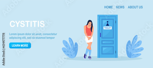 Woman suffer from cystitis or urinary infection, standing at the closed toilet door and want to pee. Female character suffering from diarrhea, hemorrhoids, constipated. Person with bladder disease