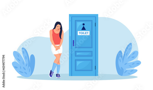 Woman suffer from cystitis or urinary infection, standing at the closed toilet door and want to pee. Female character suffering from diarrhea, hemorrhoids, constipated. Person with bladder disease