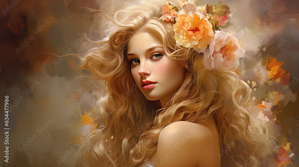 Beautiful girl with flowers in her hair. AI generation