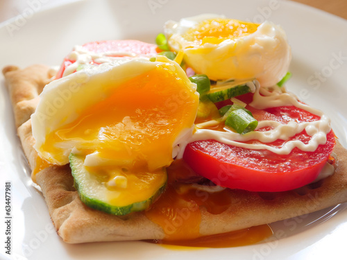 Bread with cutted boiled egg, sliced red tomatoes and fresh green onion.