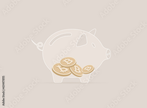 Hodl or hold Bitcoin cryptocurrency concept. Several bitcoin coins lie inside piggy bank, symbolizing hodl or storage and long-term investment in deflationary electronic cryptocurrency