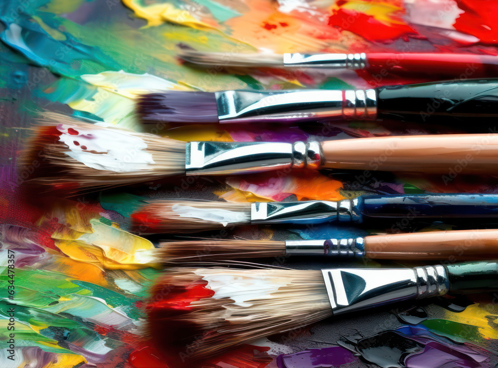 Fototapeta premium Closeup on paintbrushes on dirty canvas or artist's palette covered with oil paints, concept representation for fine art gallery, visual art genius and talented artist's workshop. Generative AI