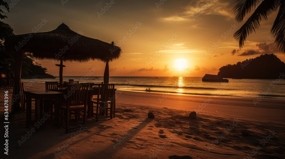 Beach-Bar am tropischen Strand im Sonnenuntergang