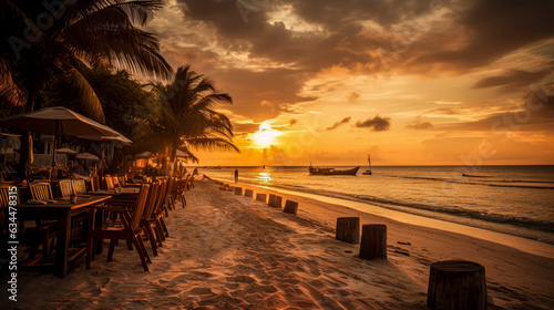 Beach-Bar am tropischen Strand im Sonnenuntergang