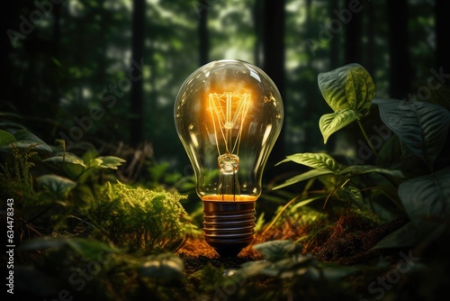 Concept eco Earth day. Glowing light bulb in forest against nature. Environmental protection, renewable, sustainable energy sources.