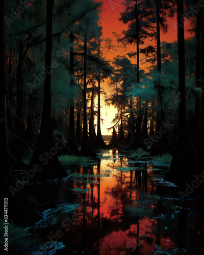 Enigmatic AI-generated illustration of Salem's Southern gothic mysterious glowing witch swamp. Luminous mysteries of deep Americana, 