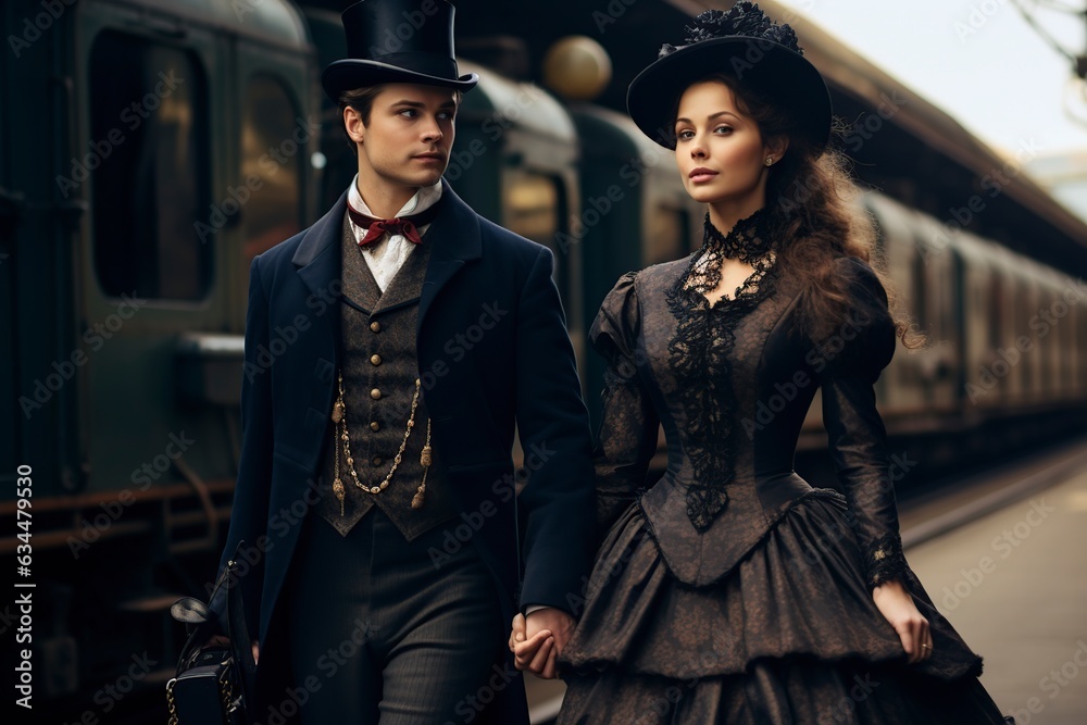stylish woman and man, victorian era dresses - obrazy, fototapety, plakaty 