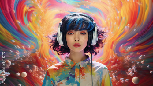 AI-generated illustration of a young Chinese woman enjoying music and fashion. Vibrant, youthful and dynamic. The euphoria of freedom. A celebration of diversity, unity of tradition and modernity. 