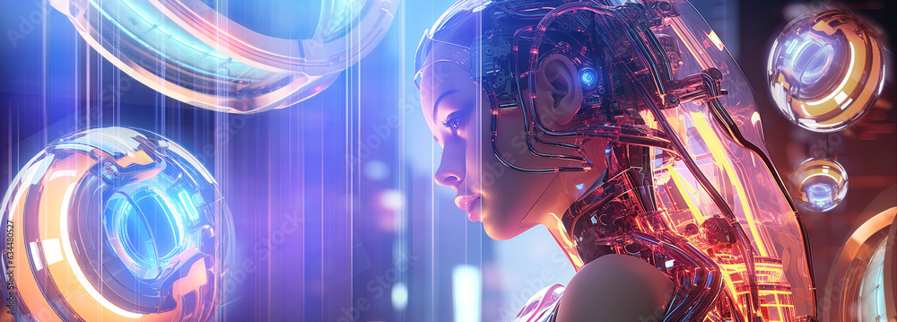 Fototapeta premium Cyborg woman Sci-fi robot neon. AI generation