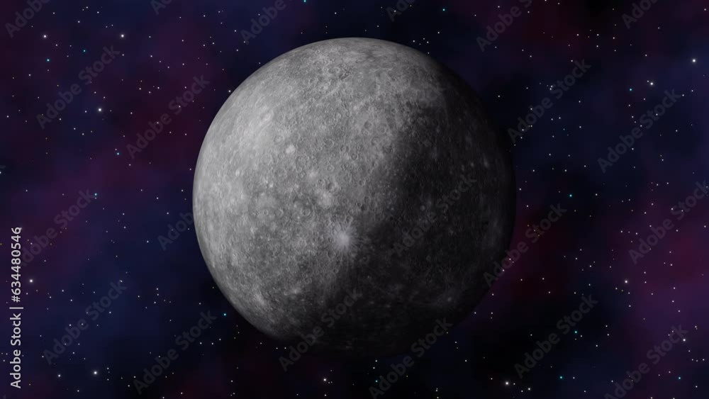 Planet Mercury view from outer space and twinkling stars in the Milky Way galaxy 3d render. Solar system planets concept, sci-fi, space exploration and discovery of habitable terrestrial planets