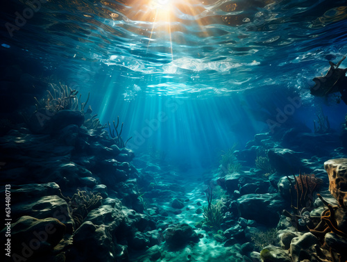 Underwater view of the coral reef with sun rays coming through the water. Generative AI