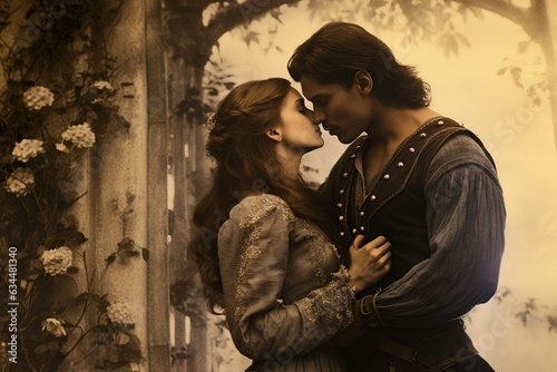 princess and a prince kissing in a garden in a medieval epoch photo