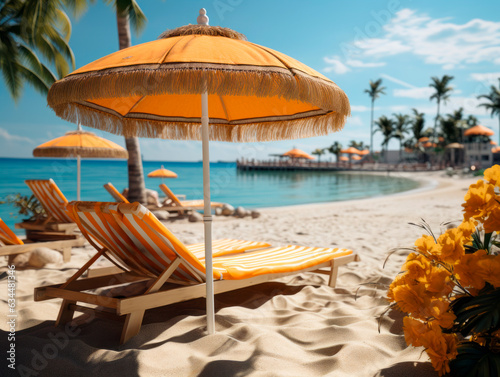 Beach umbrellas and chaise lounges on tropical sandy beach. Generative AI