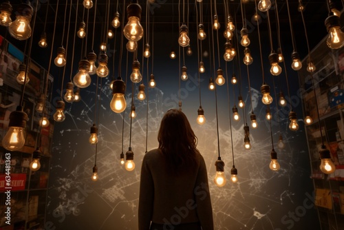 Woman in room full of light bulbs