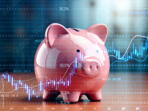Piggy bank on stock market chart background. Double exposure. Generative AI