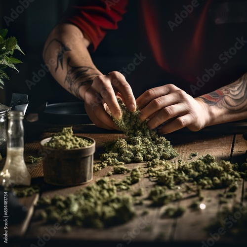 Preparing a joint and drug paraphernalia concept theme with close up man hands rolling a joint with herb girder to grind a cannabis buds in the background | Generative AI