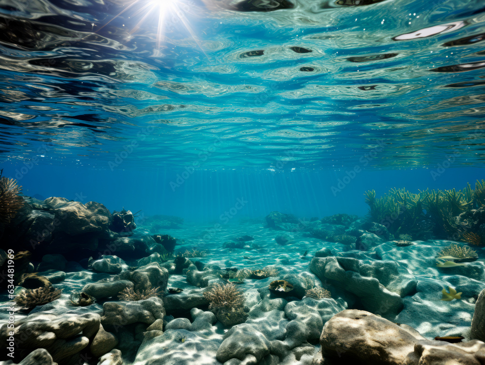 Obraz premium Underwater view of the coral reef with fish and corals. Generative AI