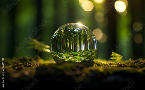 a glass ball in the forest, with trees growing out of it, in the style of samyang