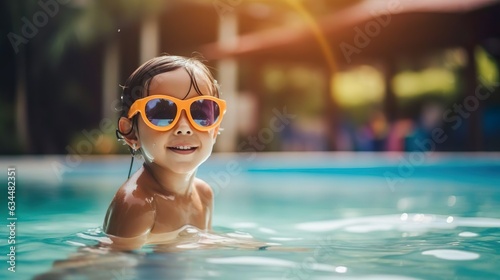 Smiling little boy kid with sunglasses having fun in swimming pool. Summer outdoor activity during family vacation holiday. Playing in blue water. 