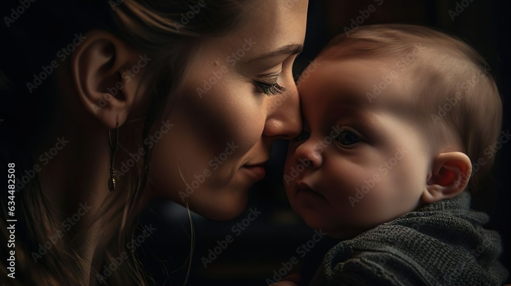 Happy motherhood. Young beautiful loving mother mom holds cute baby newborn infant. Parent and little kid smiling relaxing at home. Childcare, maternity concept.