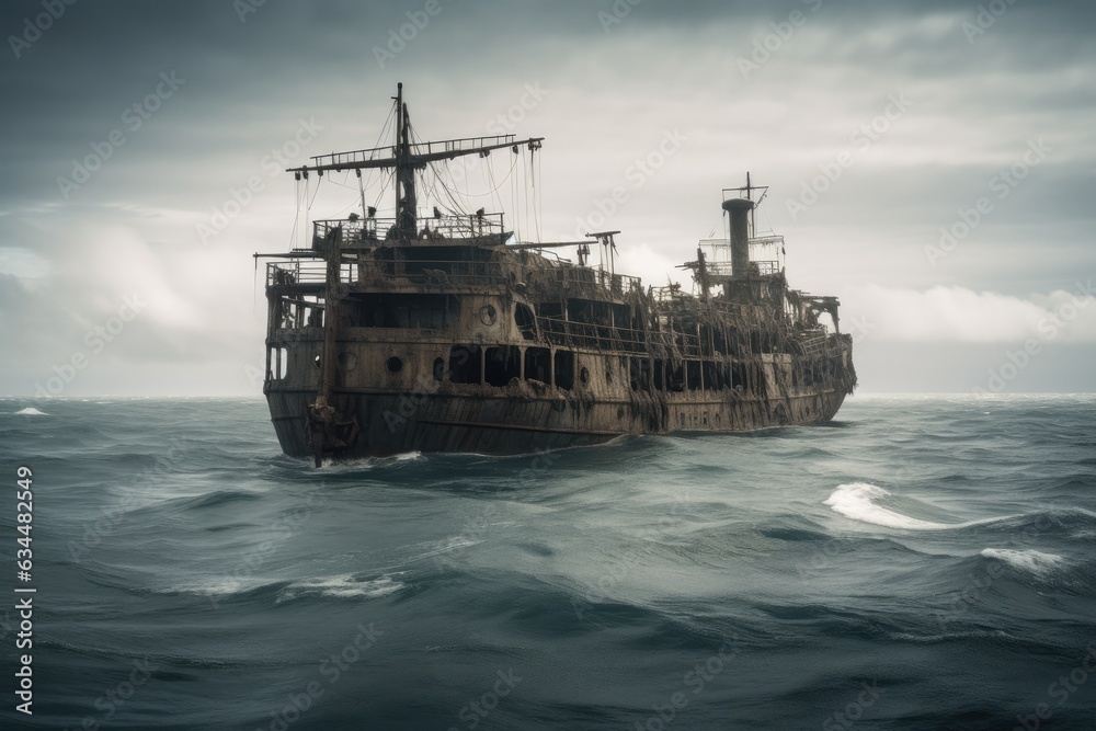 Rusted and Sinking Ship in a Stormy Ocean