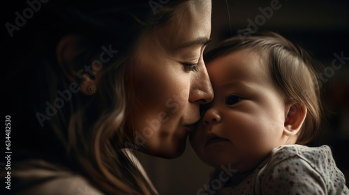 Happy motherhood. Young beautiful loving mother mom kisses cute baby newborn infant. Parent and little kid relaxing at home. Childcare, maternity concept.