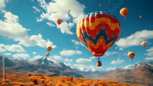 a bright rainbow balloon floats in the sky over a gorgeous landscape