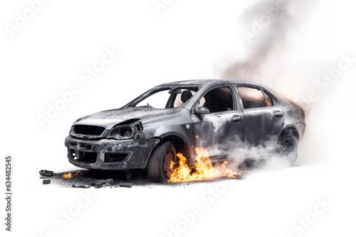 Black auto on fire with soot and ash on a white background