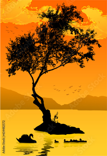 arbol, agua, pato, cisne, ganzo, atardecer, amanecer, calma, belleza, pajaros, parvada, vectores, vector, belleza