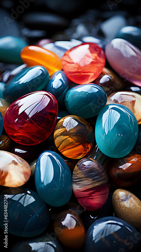 bright smooth river pebbles from semi-precious stones, colorful sea pebbles background © Yuliia