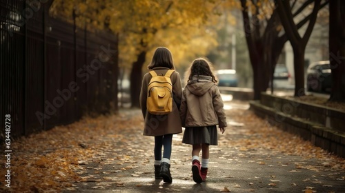 Two kids teens school children pupils students go to the school for classes lessons with backpacks. Back to school. Autumn time.