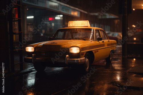 A yellow and white taxi cab in front of a market on a rainy night. photo