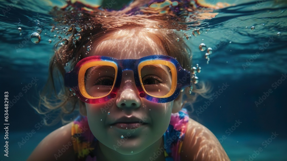 Naklejka premium Cute girl having fun underwater in the pool with swimming goggles. Summer holiday vacation. Little kid diving into water. Children water sport.