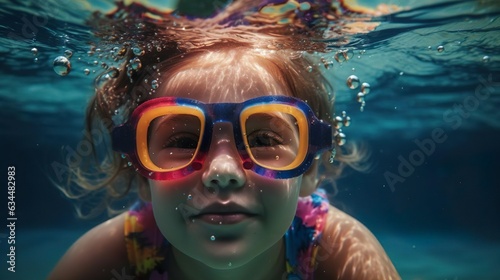 Cute girl having fun underwater in the pool with swimming goggles. Summer holiday vacation. Little kid diving into water. Children water sport.