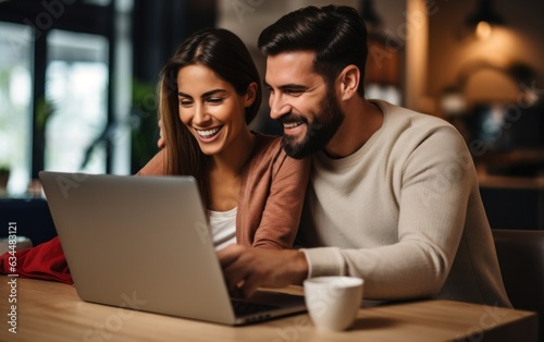 In this image, a couple joined in marriage is actively engaged in budgeting for their family and managing online payments with the assistance of a laptop.