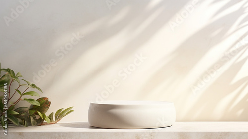Blank Cream White Cement Curve Counter Podium With Texture, Soft Beautiful Dappled Sunlight, Leaf Shadow on White Wall for Luxury Organic Cosmetic, Skincare, Beauty Treatment Product Background 3D