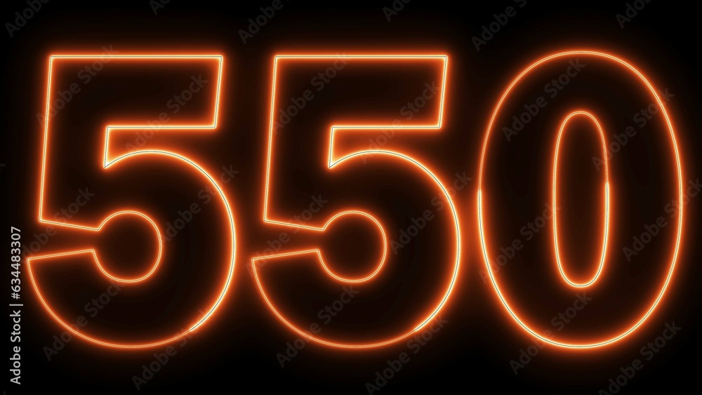 550 Electric orange lighting text with black background, 3D Rendering. 550 Number. Five hundred fifty
