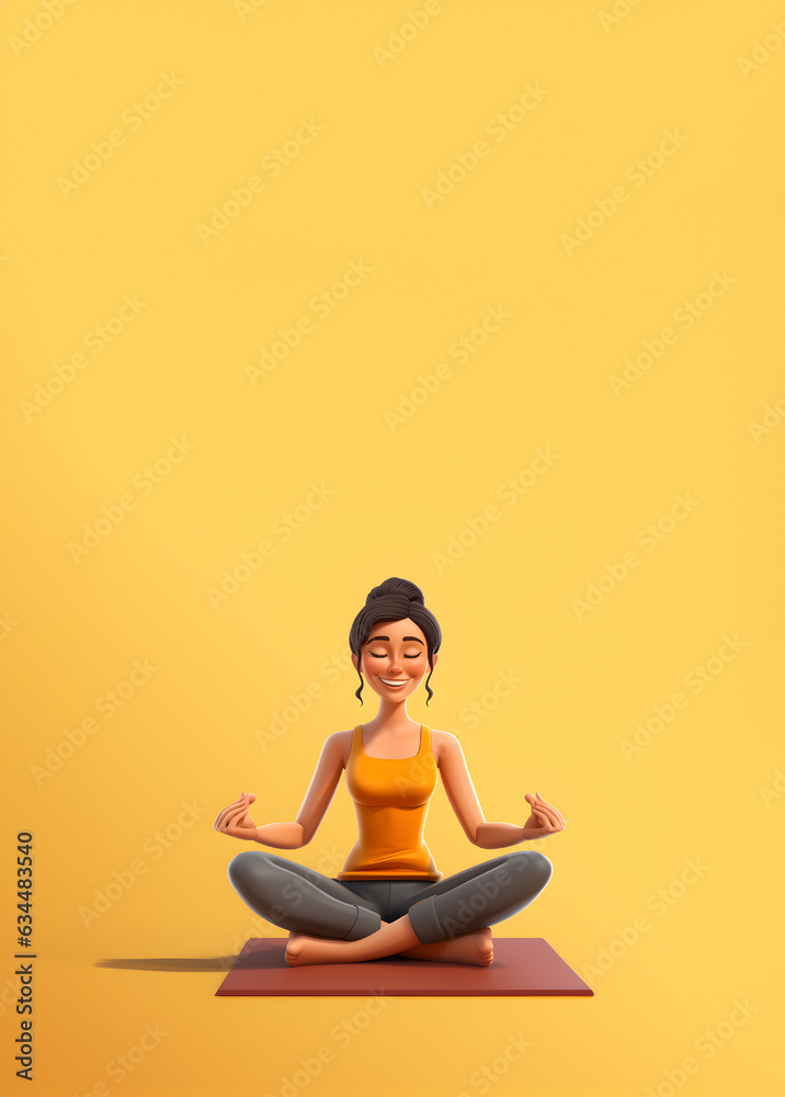 personnage 3D féminin qui pratique le yoga - fond jaune