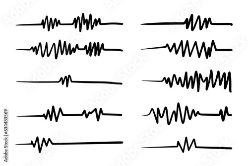 Doodle graphics of heartbeats, sound symbols and earthquakes.